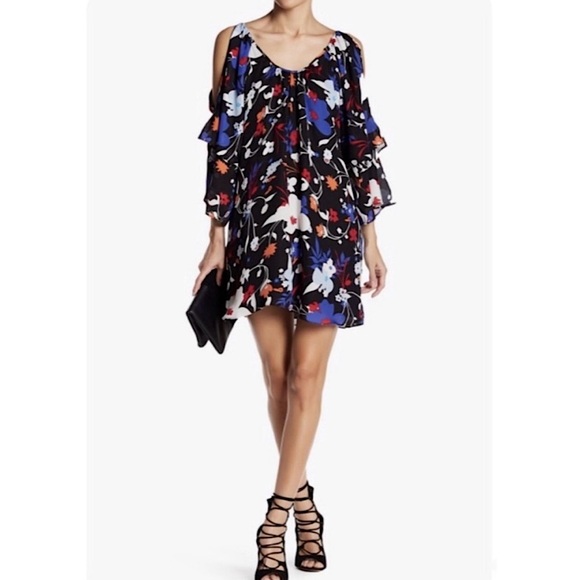 Parker Dresses & Skirts - Parker 100% Silk Floral Cold Shoulder Tiered Sleeves Mini Dress Black Blue Small